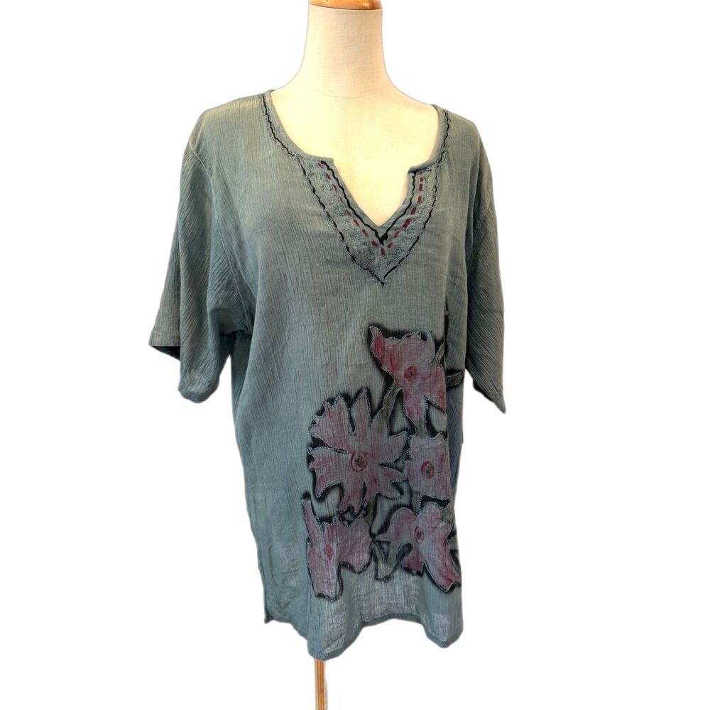 Channa Gauze Top Painted Flowers V-Neck Plus Size 1X Blue-Green NEW